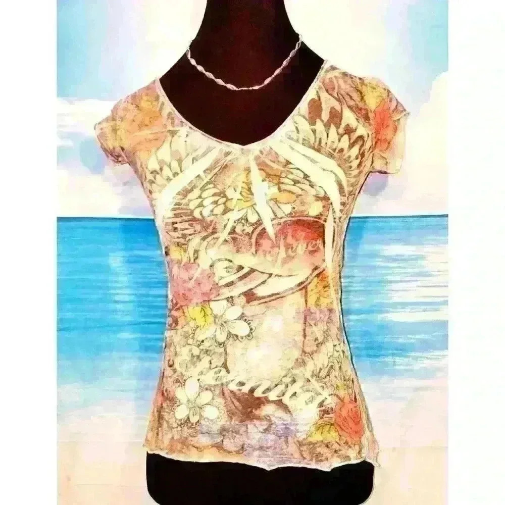 COLORFUL Womans 100% COTTON Tee shirt Stretch T-shirt top Boho print size M